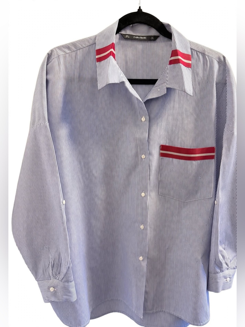 ZARA BASIC Oversized Shirt Size L - Blue Stripe Red Trim - Excellent Condition